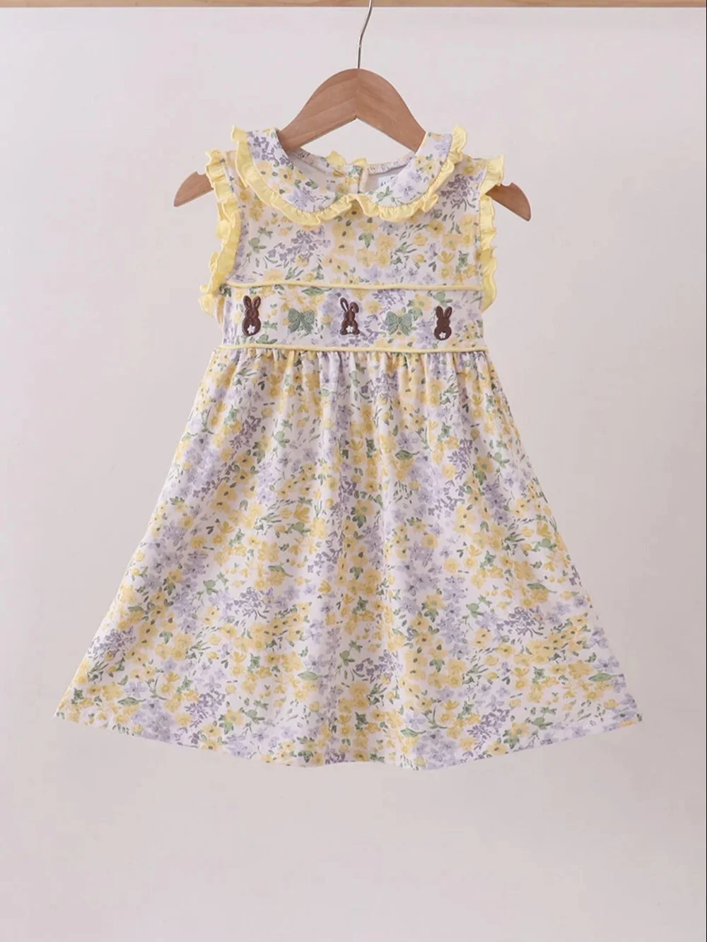 NWT- ABBY & EVIE EMBROIDERED BUNNIES Yellow Floral Ruffle Collar Kids Dress